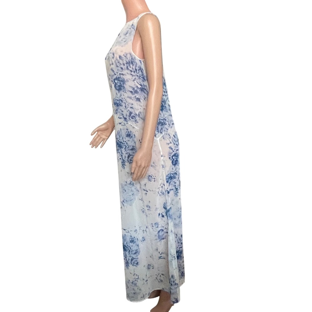 Keepsake Blue White Watercolor Floral Sheer Maxi Dress Sleeveless Small - Picture 9 of 12